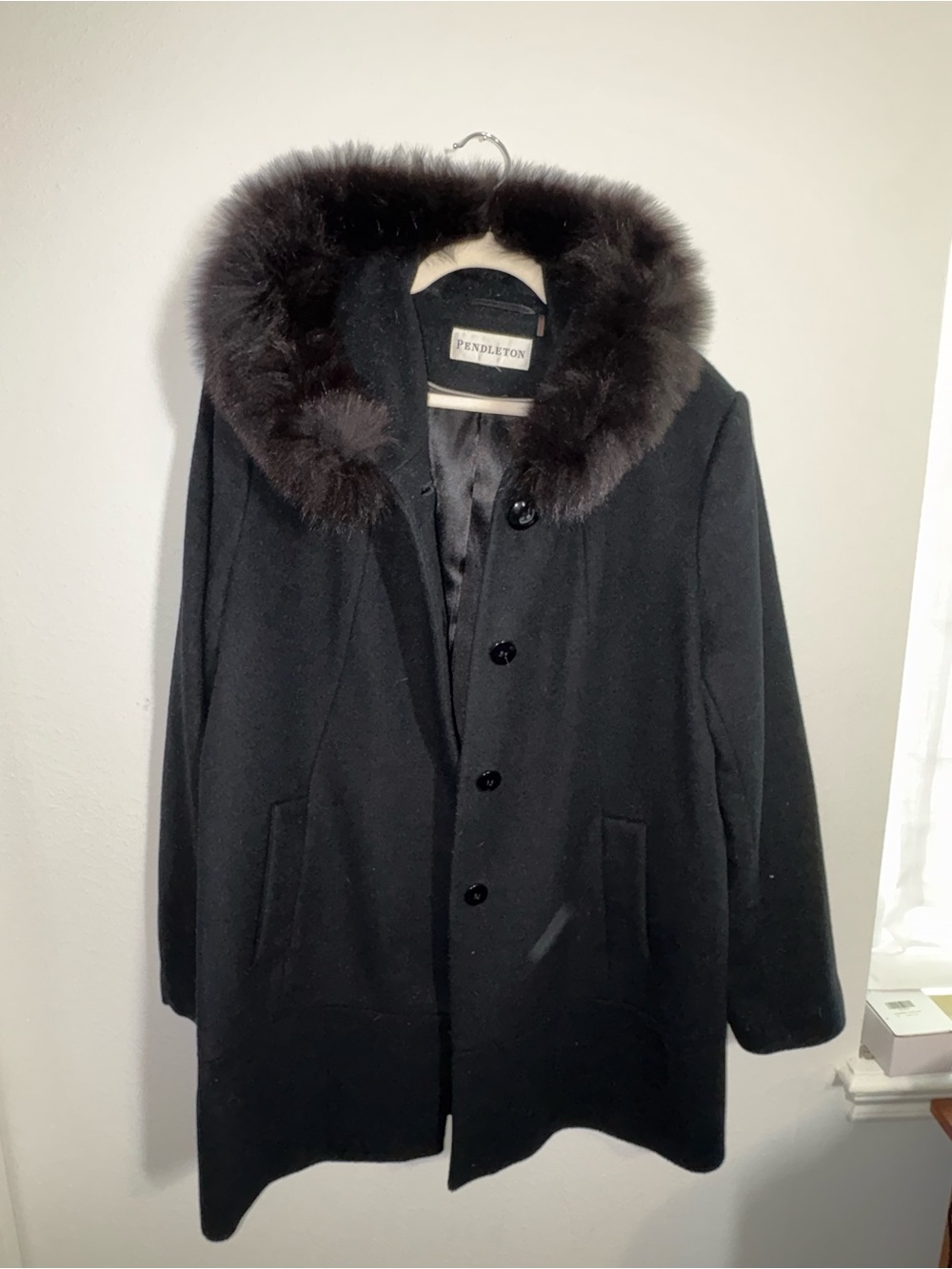 Vintage Pendleton Black Wool Pea Coat with Fur Trim Hood